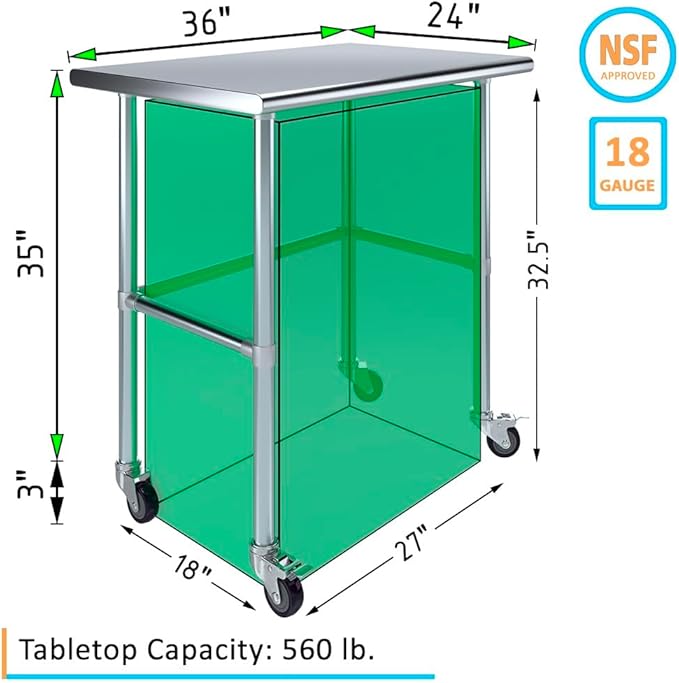 Stainless Steel Work Table Open Base & Wheels | Work Station | Metal Work Bench (Stainless Steel Work Table Open Base + Casters) (36" Long x 24" Deep)