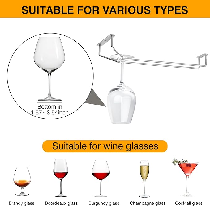 14-Inch Under Cabinet Wine Glass Holder - Metal Stemware Storage Hanger, Single Rail Hanging Rack for Kitchen Bar - Set of 2