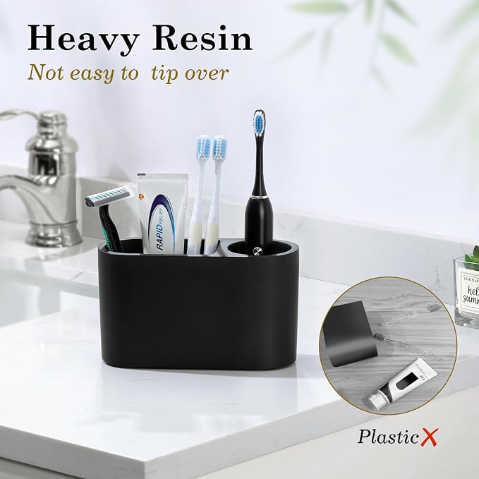 Luxspire 2 Slots Toothbrush and Toothpaste Holder, Matte Black | Resin - Image 2