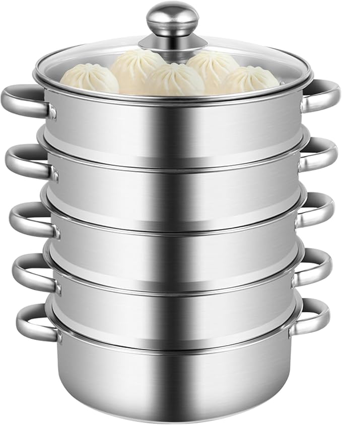5-Tier Stainless Steel Steamer, 26cm Meat Vegetable Cooking Steam Pot, Large Capacity Household Cookware Pot for Steaming Corn, Dumplings, Buns, Fish