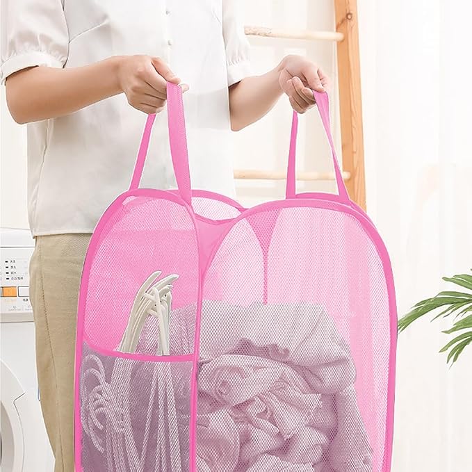 Portable Mesh Pop Up Laundry Hamper Reinforced Pink Vertical Collapsible - Image 3