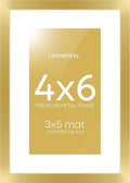 Homeforia 4x6 Picture Frame Gold, High End Metal 4 x 6 Gold Frames with Mat 3 x 5 for Print, 4by6 Desk Frame Matted to 3x5 inch Photo, 4 by 6 Wall or Tabletop Frame, Tempered Glass, Wall Kit, Set of 1