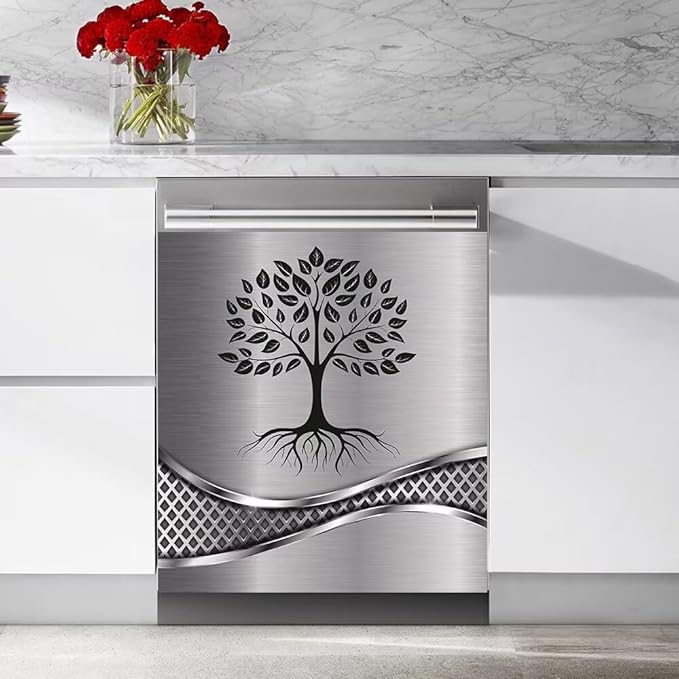 Imitation Stainless Steel Design Tree Pattern Magnetic Dishwasher Cover Sticker,Kitchen Decor Magnet Cabinet Fridge Panel Decal Sticker 23W x 26H inchs