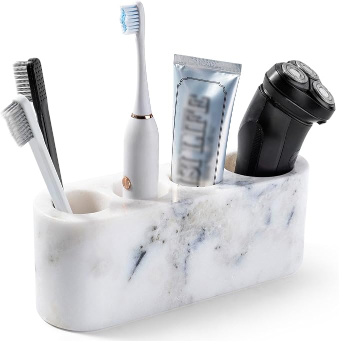 BCS Toothbrush Holder for Bathrooms, 4 Slots Marble Toothbrush and Toothpaste by BCS