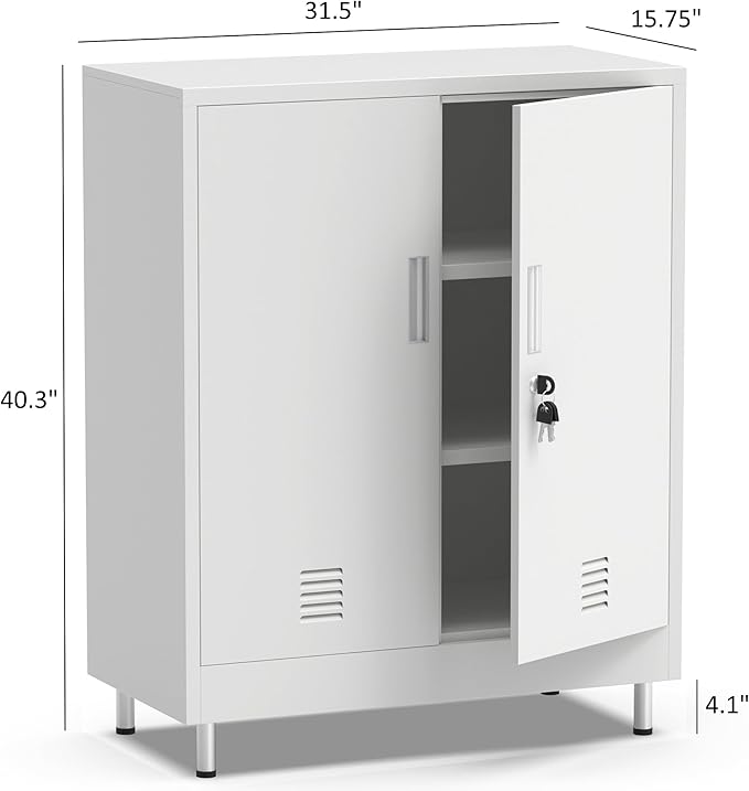 Metal Storage Cabinet with Locking Doors and 2 Adjustable Shelves, Lockable Storage Cabinet for Home Office Garage Pantry Living Room (White)