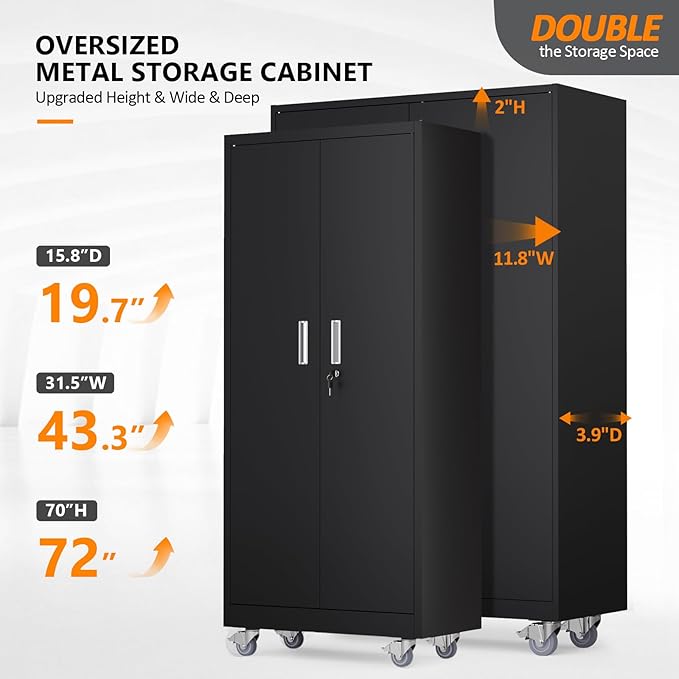 VINGLI Large Metal Storage Cabinet with 2 Doors and 5 Adjustable Shelves, Upgraded Height & Wide & Deep, 43''W x 20''D x 72''H, Oversized Garage Storage Cabinet with Wheels and Locks (Black)