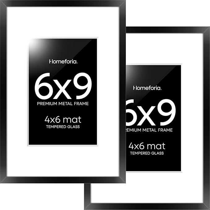 Homeforia 6x9 Picture Frame Black, High End Metal 6 x 9 Black Frames with Mat 4 x 6 for Art, 9x6 Desk Frame Matted to 4x6 inch Photo, 6 by 9 Wall or Tabletop Frames, Tempered Glass, Wall Kit, Set of 2