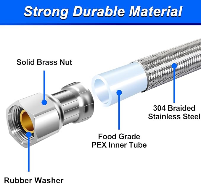 10FT Stainless Steel Braided Water Supply Line for Dishwasher, Brass 3/8 Inch Compression x 3/8 Inch Compression Connections, Food Grade PEX Inner Tube Water Hose