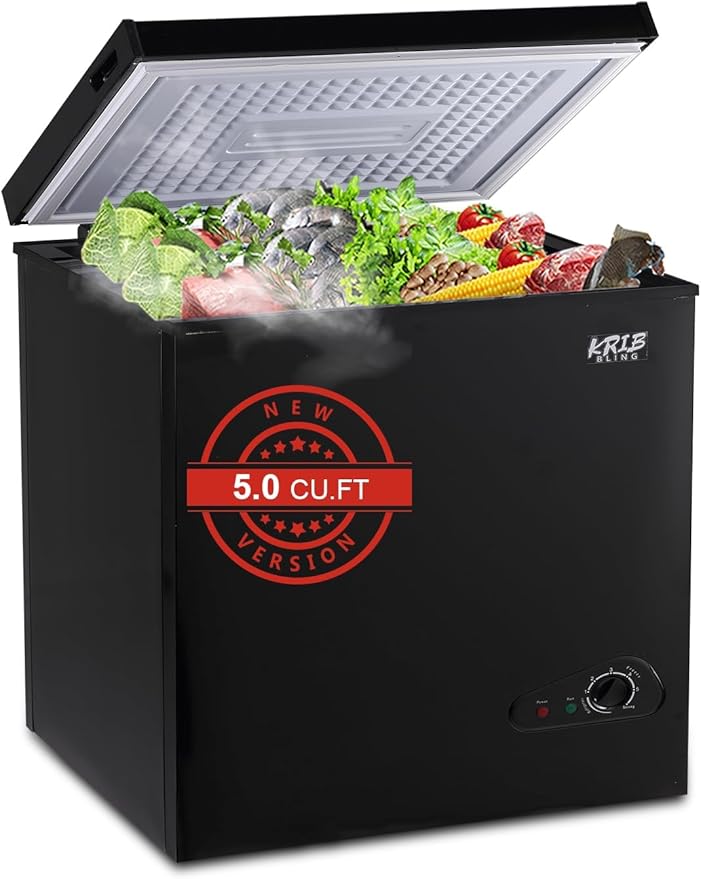Chest Freezer 5.0 cu.ft Mini Adjustable 7 Thermostat Compact Deep Freezer Top Door Low Noise with Removable Basket Black