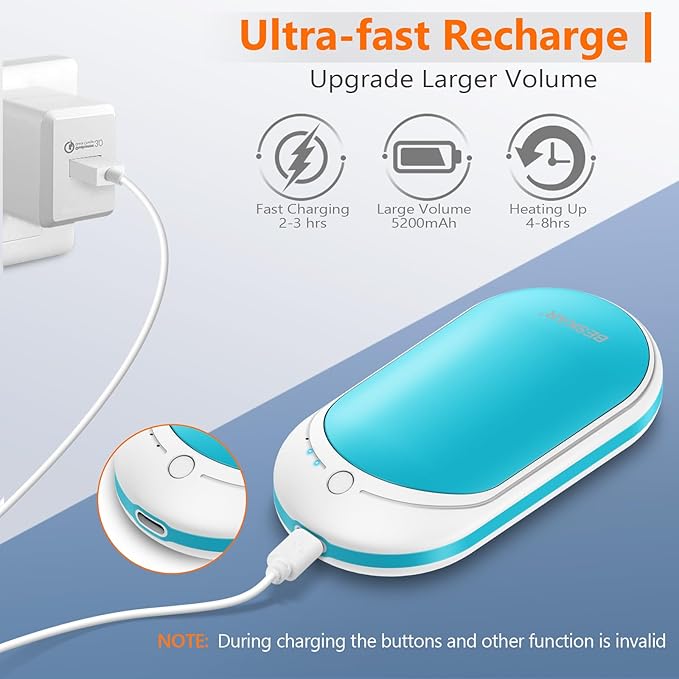 BESKAR Rechargeable Hand Warmer, 5200mAh Electric Hand Heater, Double-Sided Heating, USB Quick Charge, Portable Pocket Hand Warmer for Outdoor, Golf, Raynauds - Winter Gift