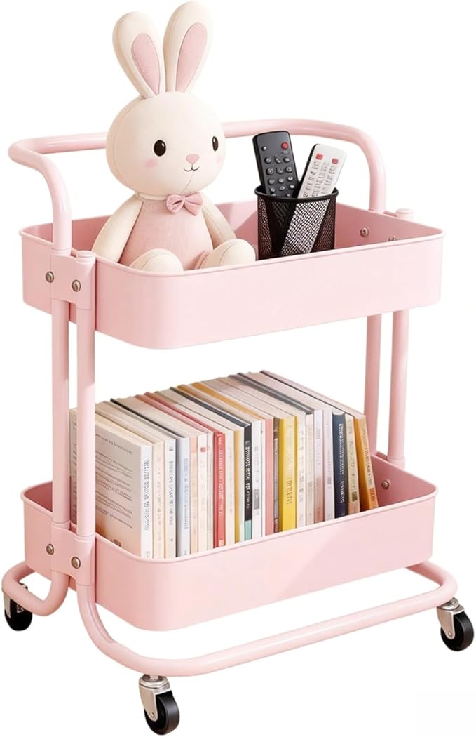 2 Tier Short Rolling Cart with Wheels All-Metal Pink Pantry Storage for Kitchen,Under Desk Trolley with Handle Small Wheeled Storage Cart for Laundry Room Bathroom, Under Table Small Space