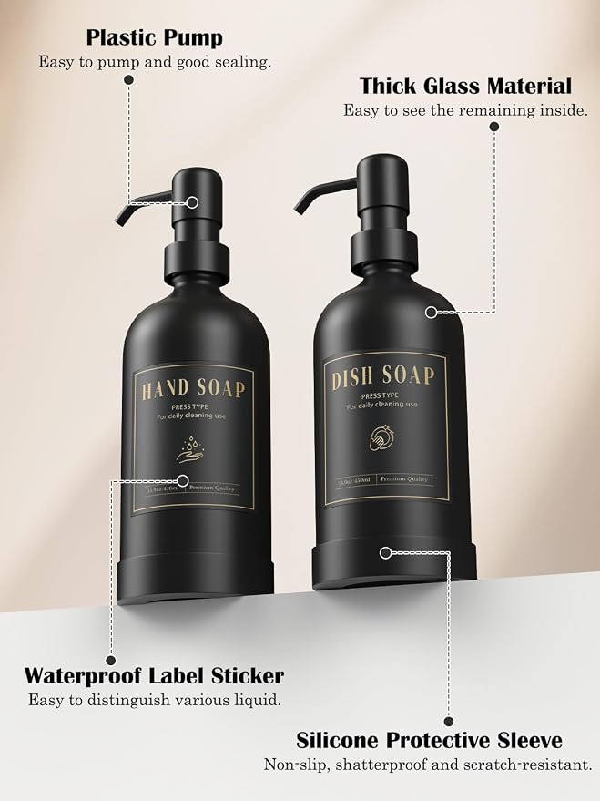 Luxspire 17 oz Glass Liquid Soap Dispenser Set, 2 Pack | Anti-drip pump - Image 2