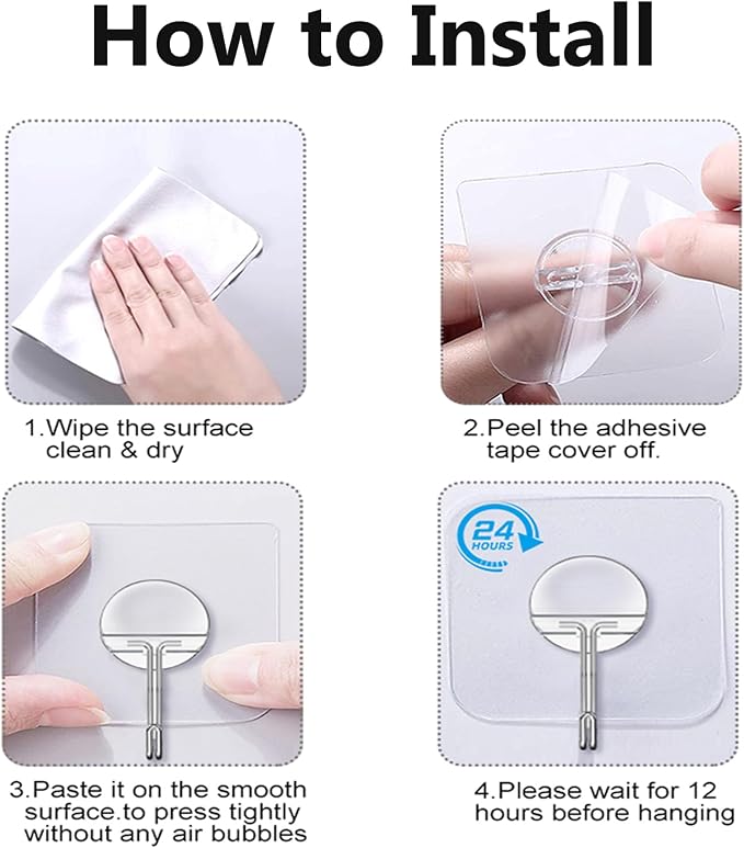 Adhesive Wall Hooks No Drill Clear Heavy Duty, 13LB Sticky 12 Pack | Waterproof - Image 6