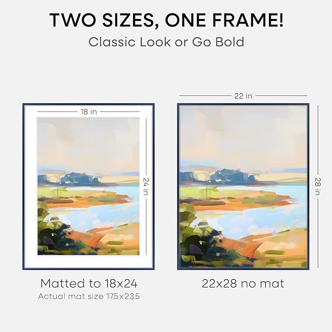 Homeforia 22x28 Navy Blue Picture Frame, High End Metal 22x28 Poster Frames with Mat 18x24 inch Photo, 22 x 28 Thin Frame Matted to 18 x 24 Print, 28x22 Large Frame, Tempered Glass, Wall Kit, Set of 1