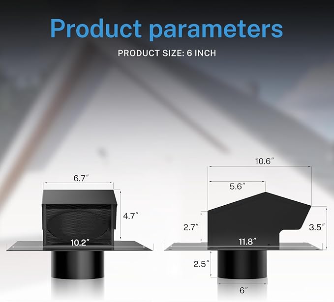 Hon&Guan 6 Inch Removable Roof Vents Roof Dryer Vent Cap for Houses Galvanized Steel 6 Inch Exhaust Vent for Ventilation System-with Damper, Black.