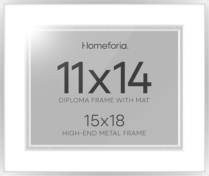 Homeforia 15x18 Diploma Frame Silver, High End Metal 15 x 18 Certificate Frame with Mat for 11 x 14, 15by18 Document Frame Matted to 11x14, Graduation Degree Frames, Tempered Glass, Wall Kit, Set of 1