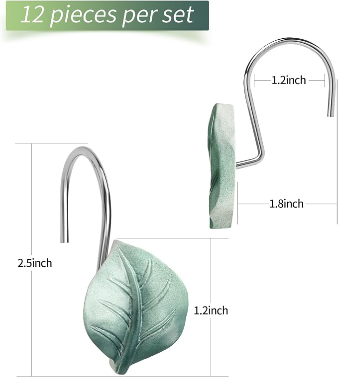 Green Plant Leaf Shower Curtain Hooks, Eucalyptus Bathroom Decor, Metal - Image 6