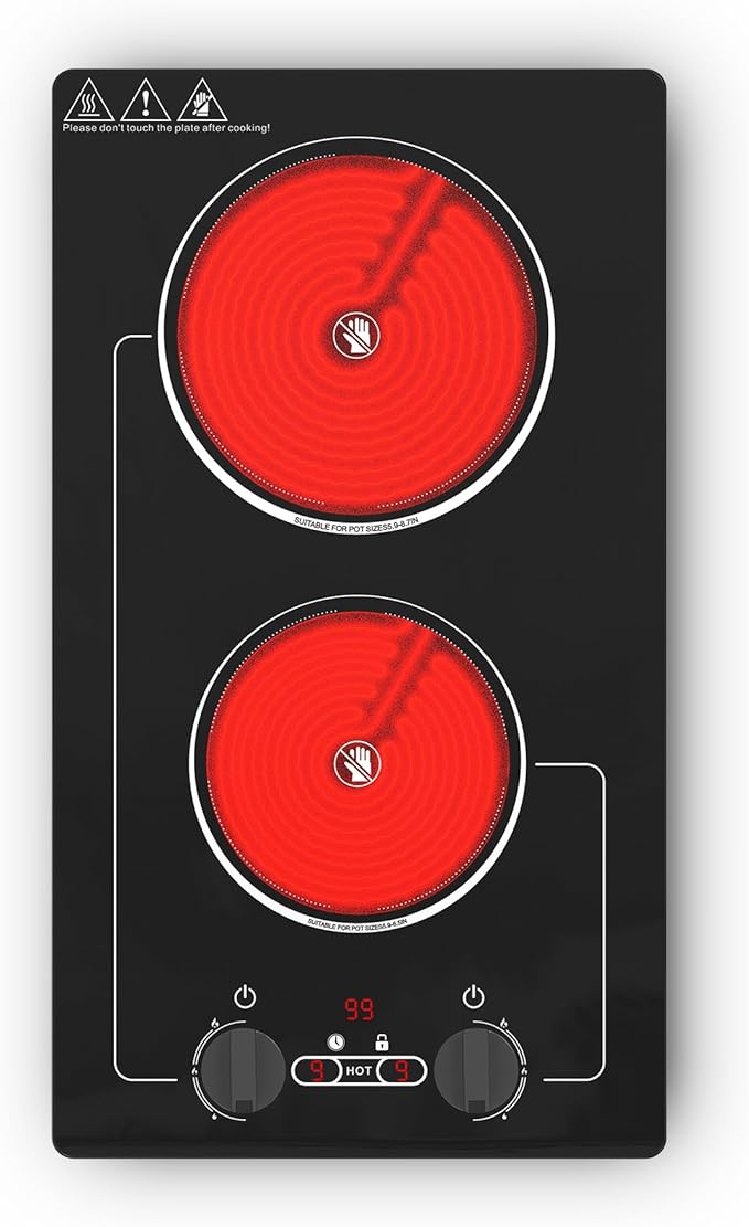 VBGK Electric Cooktop,110V 2100W electric Stove Top with Knob Control,Countertop/Built-in Design with 9 Power Levels,Kids Lock & Timer, Overheat Protection,and touch control 2 burner electric Cooktop.