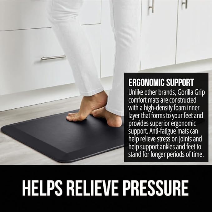GORILLA GRIP Comfortable Cushioned Kitchen Mats for Floor, 70x24, Waterproof and Stain Resistant Soft Top, 3/4 Inch Thick Ergonomic Standing Desk Anti Fatigue Mat, Foam Supports Ankles and Feet, Black