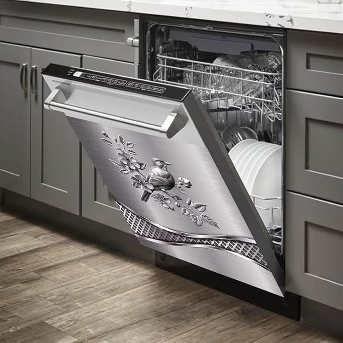Stainless Steel Design Bird Pattern Kitchen Decorative Dishwasher Cover Magnet Sticker,Fridge Panel Door,Refrigerator Decal Home Decor 23x17inch