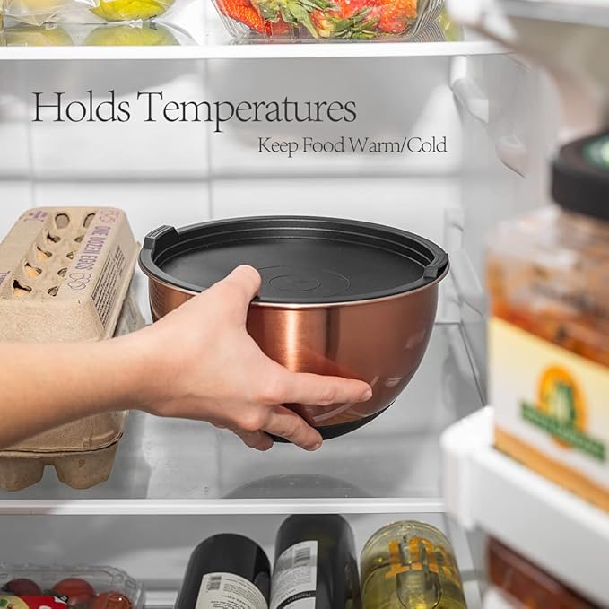 Samma Copper Mixing Bowls Set with Lids - Stainless Steel Interior, Non-Slip Black Silicone Base - Nesting Mixing Bowls for Baking, Cooking & Meal Prep (3-Piece Set)