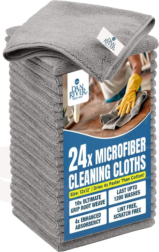 DAN RIVER 24-Pack Gray Microfiber Towels – Ultra Absorbent, Lint-Free & by DanRiver