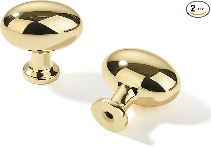 khtumeware 2 Pack 1-3/8 inch(35mm) Polished Brass Cabinet Knobs Dresser Knobs Oval Unlacquered Brass Drawer Knobs Kitchen Cabinet Hardware Egg Knobs for Dresser Drawers