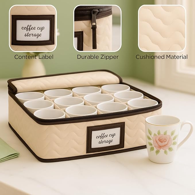 Mugs Storage Container - Quilted Microfiber China Organizer Box with Dividers , Protects & Organizes Up to 12 Mugs - Ideal for Seasonal Dishware Protection