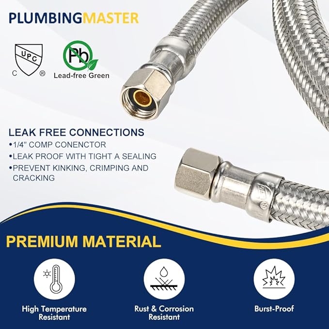 5ft Ice Maker Water Line Stainless Steel Braided – Flexible Refrigerator Water Supply Tube with 1/4" Quick Connect Fitting, Universal Fit