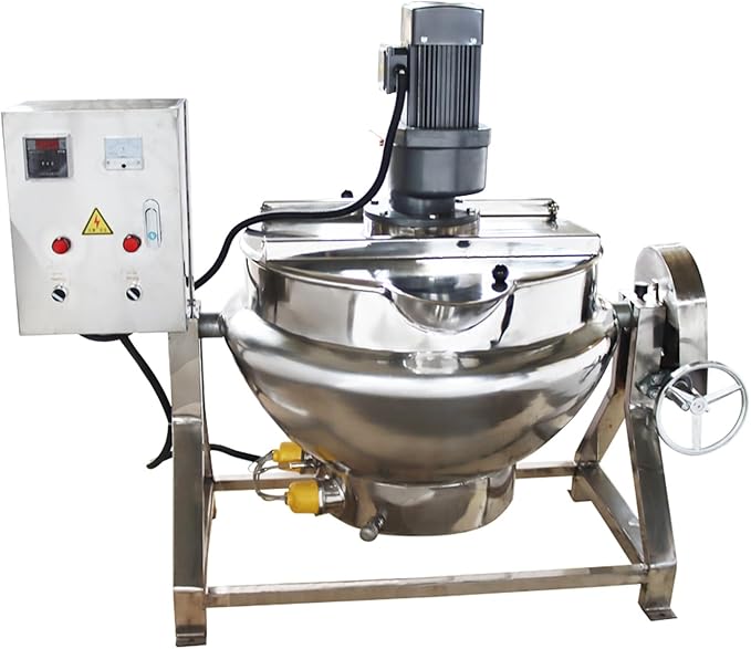 50L Jacketed Kettle 220V Commercial Electric Automatic Cooking Pot Tilting Jacketed Pot 750W Three Phase with Mixer for Soup Sugar Jam Chilli Tomato Sauce