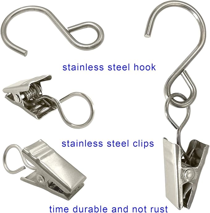 Stainless Steel S Hooks Curtain Clips, 50 Pack Hanging Party Lights Clips - Image 3