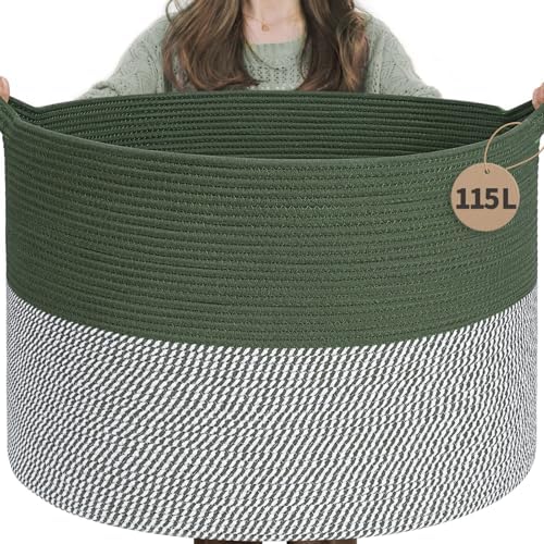 INDRESSME 115L Extra Large Woven Rope Blanket Basket Living Room Green by INDRESSME