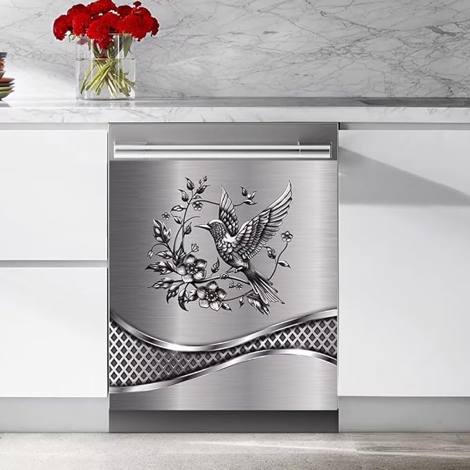 Imitation Stainless Steel Design Bird Pattern Dishwasher Magnet Cover Panel Magnetic Refrigerator Cover Sticker for The Front Door Cover,23W x 26H inchs