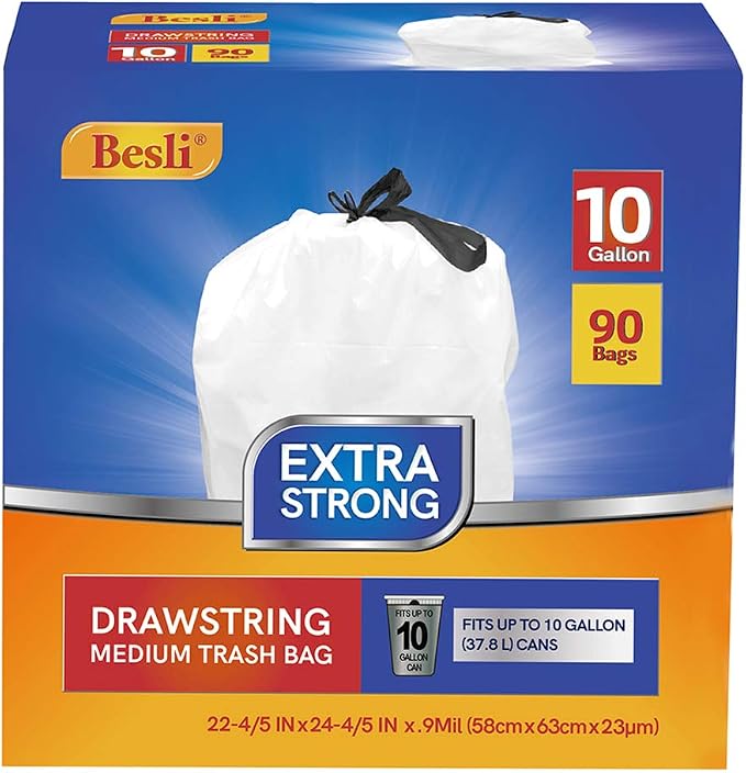 Besli 10 Gallon Drawstring Trash Bag Garbage Bag Trash Can Liner, 0.9 Mil by Besli