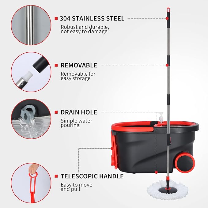 Spin Mop and Bucket with Wringer Set on Wheels, 3 Mop Heads - Image 5