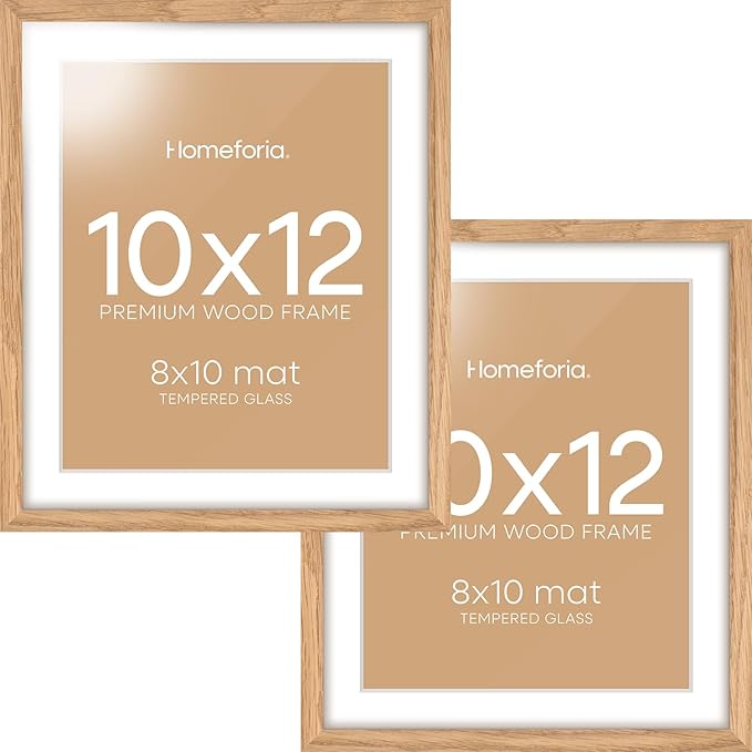 Homeforia 10x12 Picture Frame Wood, High End Natural Oak 10x12 Light Wooden Poster Frames with Mat 8x10, 10 x 12 Frames Matted to 8 x 10 Photo, 12x10 Hanging Frames, Tempered Glass, Wall Kit, Set of 2