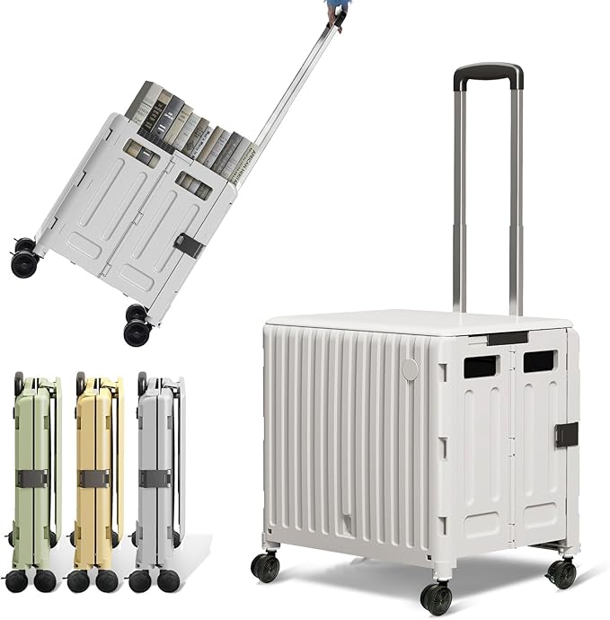 Folding Utility Cart (Gray), 4 360° Swivel Wheels Collapsible Rolling Crate with Lid, Heavy-Duty for Office/Home/Luggage, Teacher - Minimalist Style
