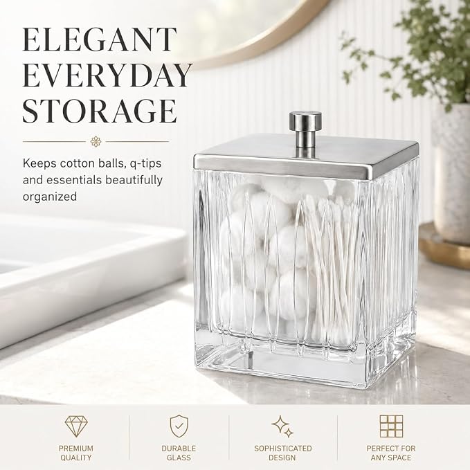 Vince Camuto Home Glass Cotton Jar Holder – Nickel Lid, Elegant Bathroom - Image 2