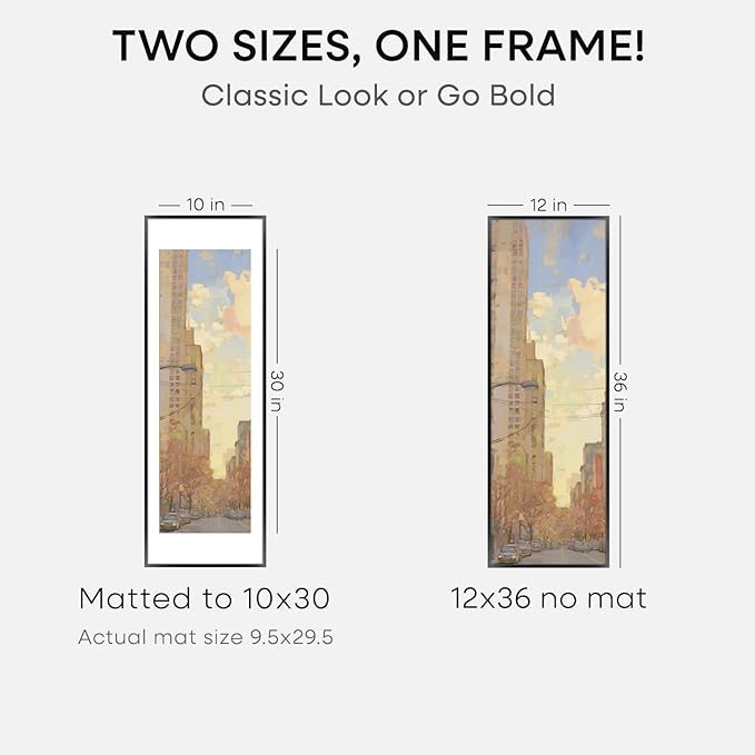 Homeforia 12x36 Picture Frame Black, High End Metal 12x36 Poster Frames with Mat 10x30 for Photo, 12 x 36 Black Frame Matted to 10 by 30 Art, 36x12 Panoramic Frames, Tempered Glass, Wall Kit, Set of 3