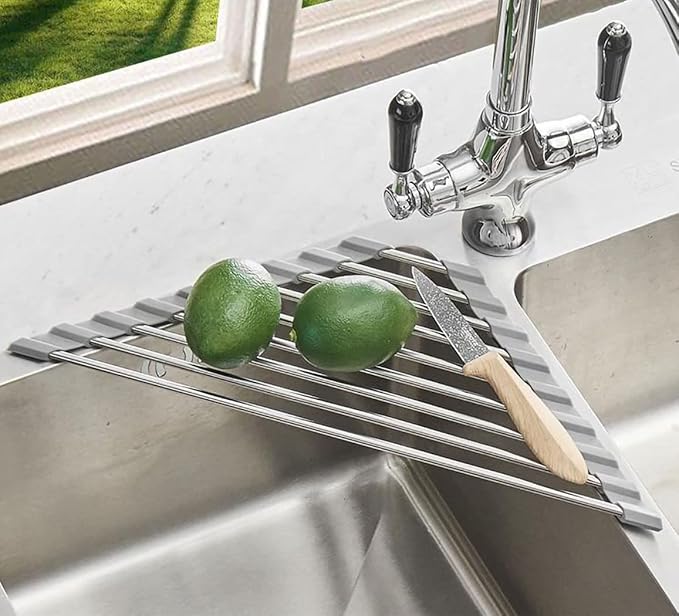Ahyuan Roll up Dish Drying Rack Over The Sink Kitchen Roll up Sink Drying Rack Portable Dish Drainer Foldable Dish Drying Rack (Warm Gray, Triangle 16.3''X9.4'')