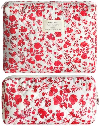 2Pcs Quilted Makeup Bag Set Flower Cute Pencil Case Large Small Travel Makeup by Lestp