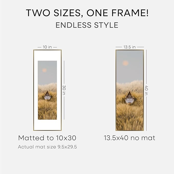 Homeforia 13.5x40 Panoramic Frame Bronze, High End Metal 13.5x40 Brass Picture Frames with Mat 10x30 Photo, 13.5 x 40 Poster Frame Matted to 10 by 30, 40x13.5 Frame, Tempered Glass, Wall Kit, Set of 1