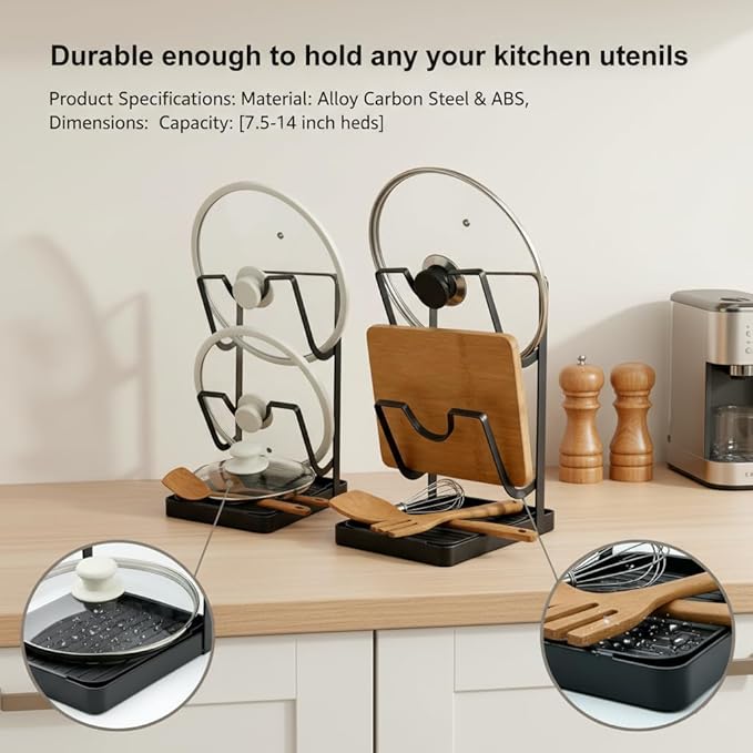 2 Pack Pot Lid Holder While Cooking - Multifunctional Kitchen Pot Lid Storage Rack with Drip Tray, Countertop Lid Organizer & Lid Rack for Pot Lids, Lid and Spoon Rest (Gray)