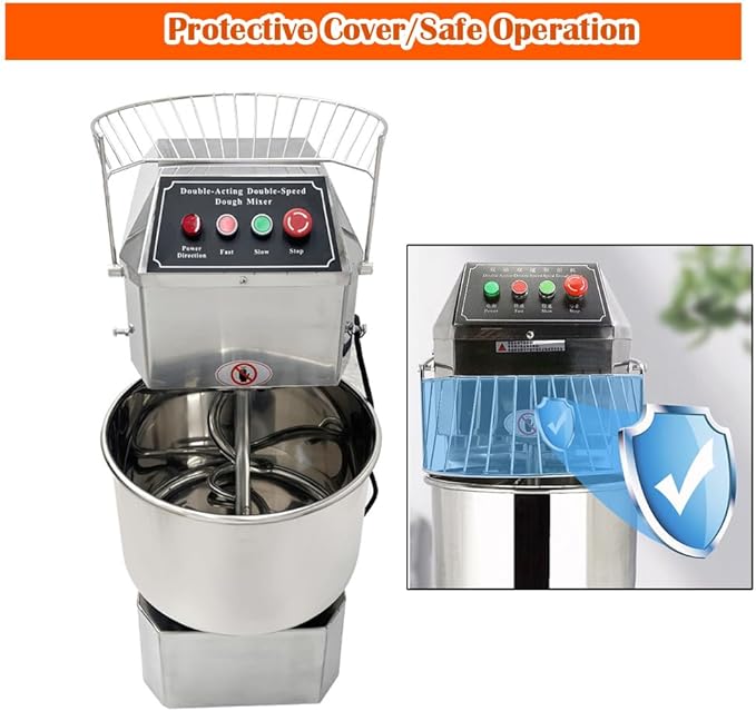 Commercial Dough Mixer Double Action Double Speed Stand Dough Mixer Machine Heavy-Duty Spiral Food Mixer Stainless Steel Pizza Bread Flour Kneading Blender 30L for Bakeries Pizzerias