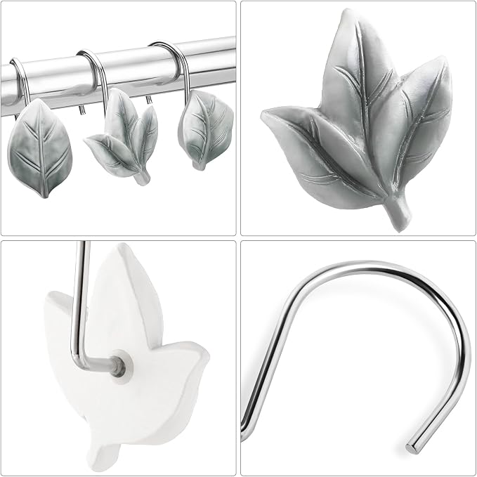 Grey Plant Leaf Shower Curtain Hooks, Eucalyptus Bathroom Decor, Metal Rustproof - Image 3