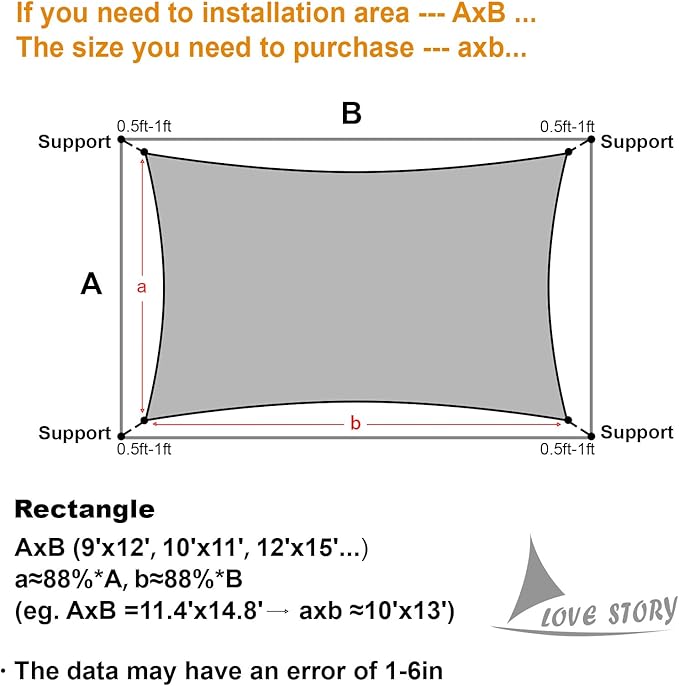 LOVE STORY Custom Size 8' x 17' Silver Grey Sun Shade Sail Canopy Commercial Rectangle Sail Shade Fabric for Patio Garden Backyard Pool (Customized)