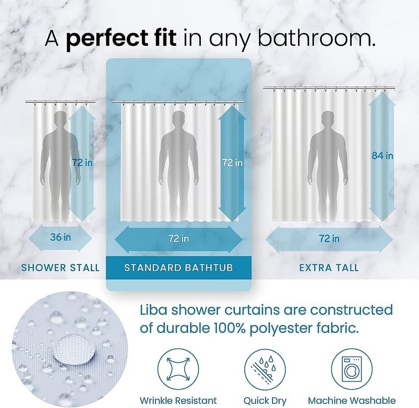 LiBa White Fabric Shower Curtain 72x72 Waterproof Heavy Duty Liner - Image 3