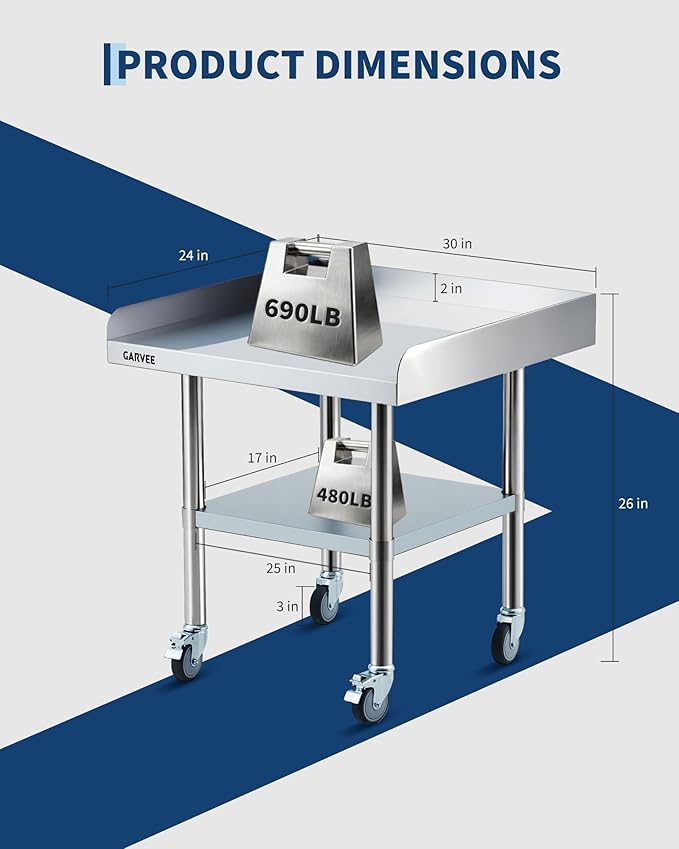 Garvee Stainless Steel Work Table, 24x30x26 Inch Commercial Food Prep Worktable with Wheels, Fixed 3-Sided Backsplash & Height-Adjustable Shelf, Heavy Duty Workbench for Kitchen Restaurant Garage
