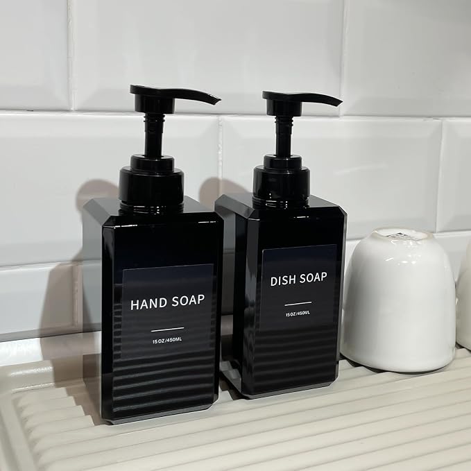 Black Soap Dispenser with Waterproof Labels, Thickened Plastic Hand Soap - Image 4