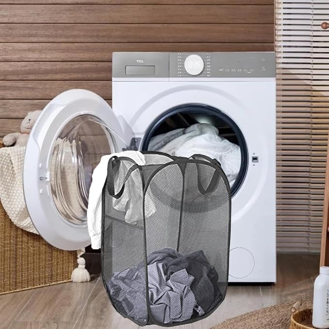 2 Pack Pop Up Laundry Hampers, Collapsible Mesh Laundry Basket Black | Foldable - Image 5